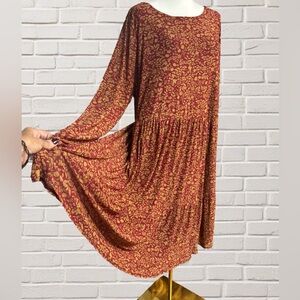Torrid Plus Size 3 Burgundy Floral Long Sleeve Babydoll Dress Lined Stretch